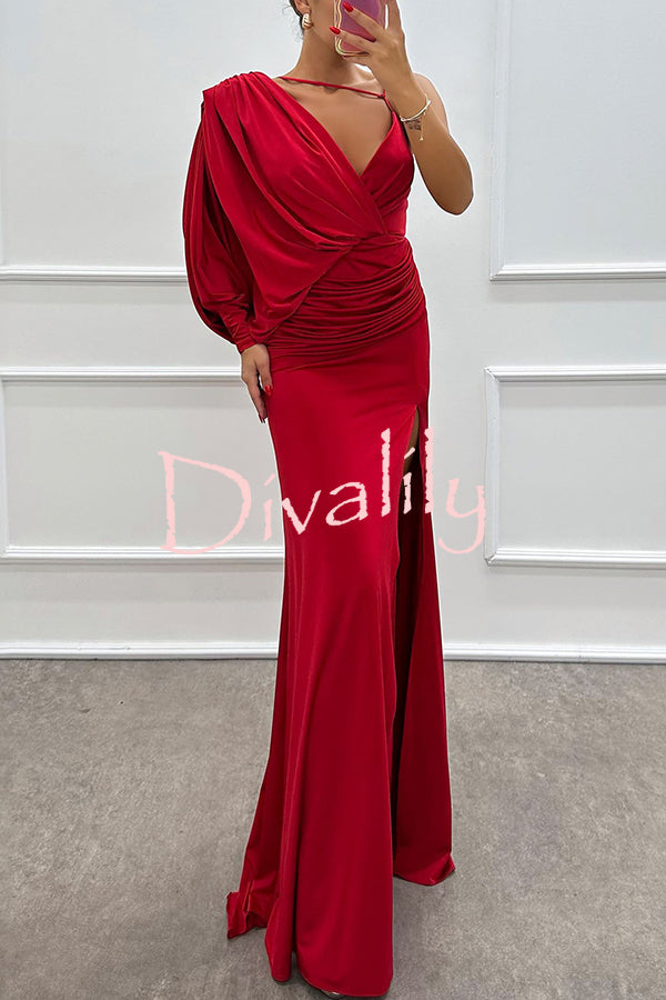 Like Venus One Shoulder Bat Sleeve Ruched Detail Slit Gown Maxi Dress