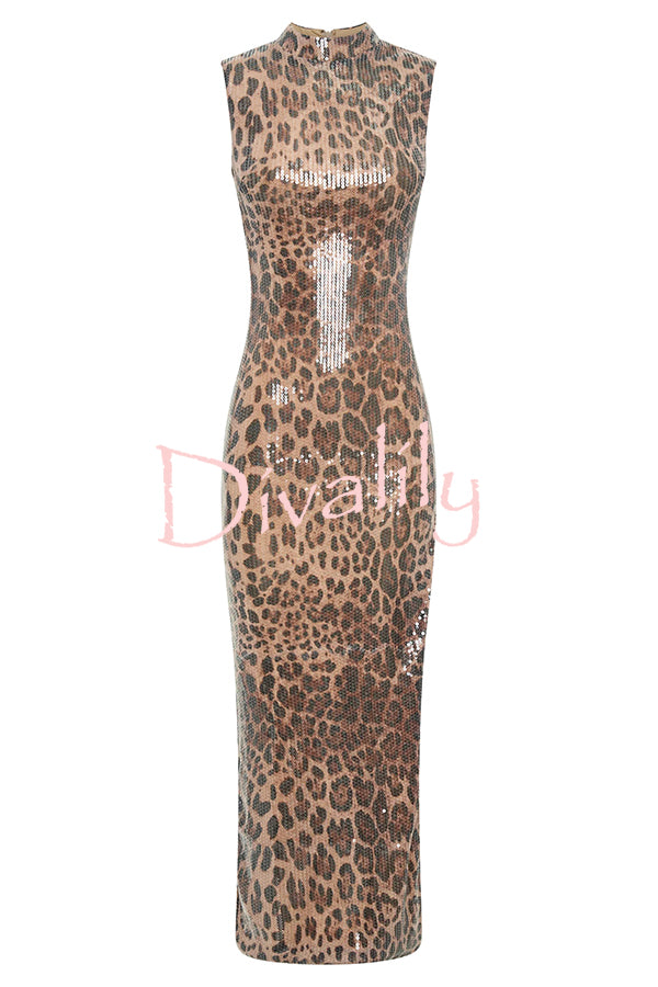 Sparkle Every Step Leopard Sequin Pattern High Neck Slit Stretch Maxi Dress