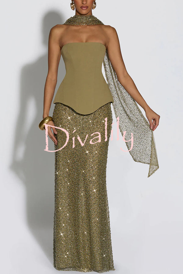 Oakley Corset Strapless Top and Sequin High Rise Maxi Skirt Scarf Set