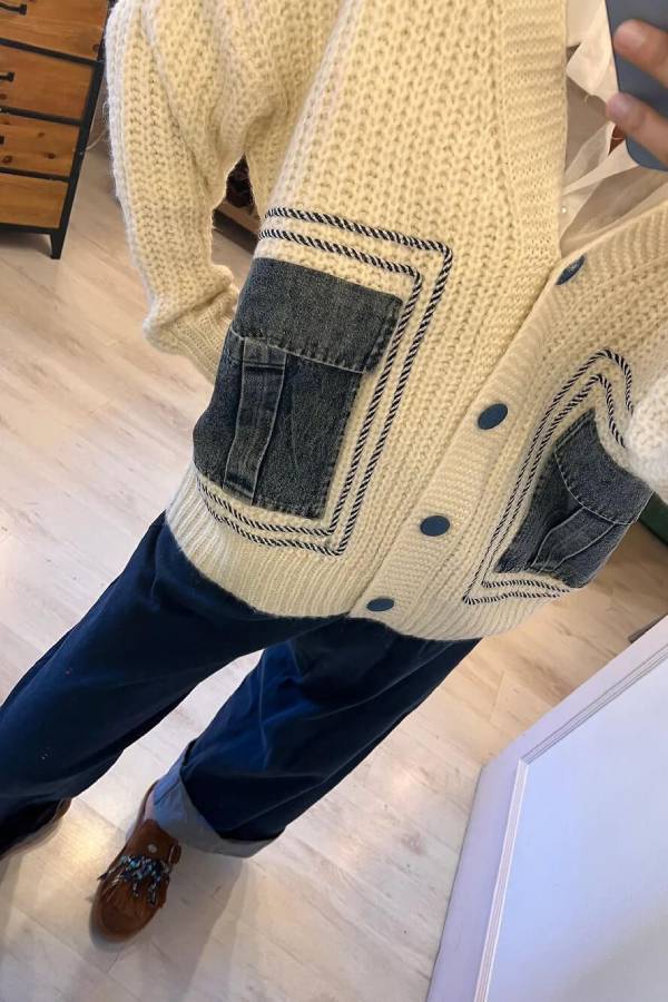 Fashionable Loose Spliced denim Pocket Knitted Sweater Cardigan