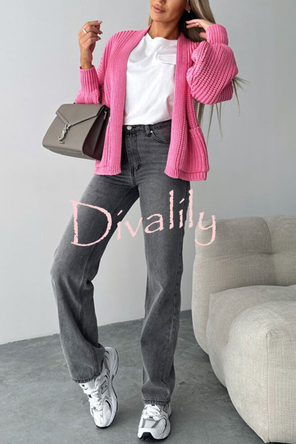 Solid Color V-neck Long-sleeved Casual Knitted Cardigan