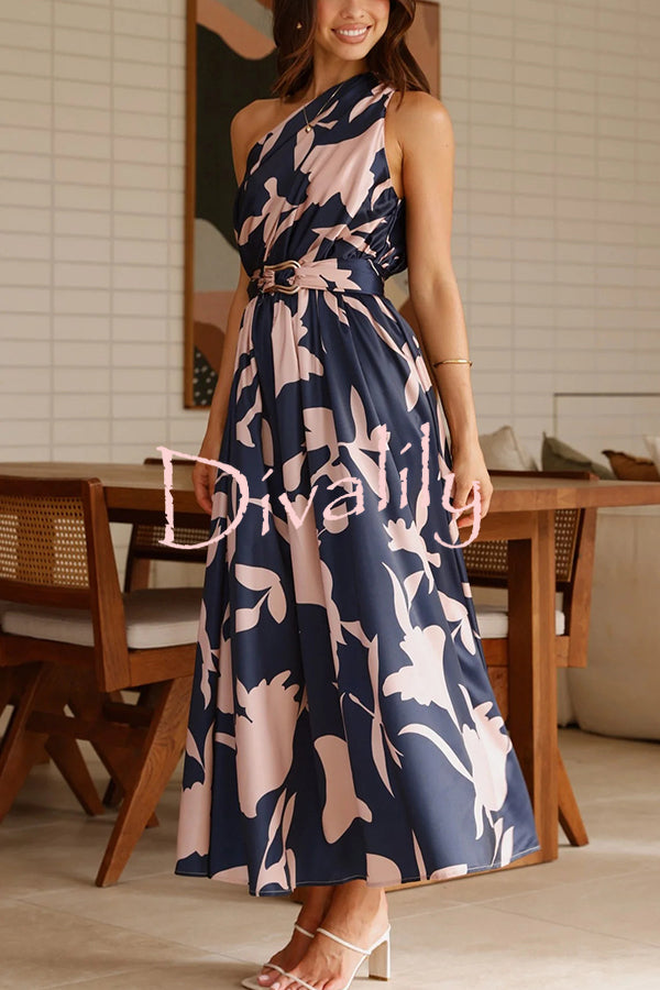 Unique Print Sleeveless One Shoulder Belted Maxi Dress