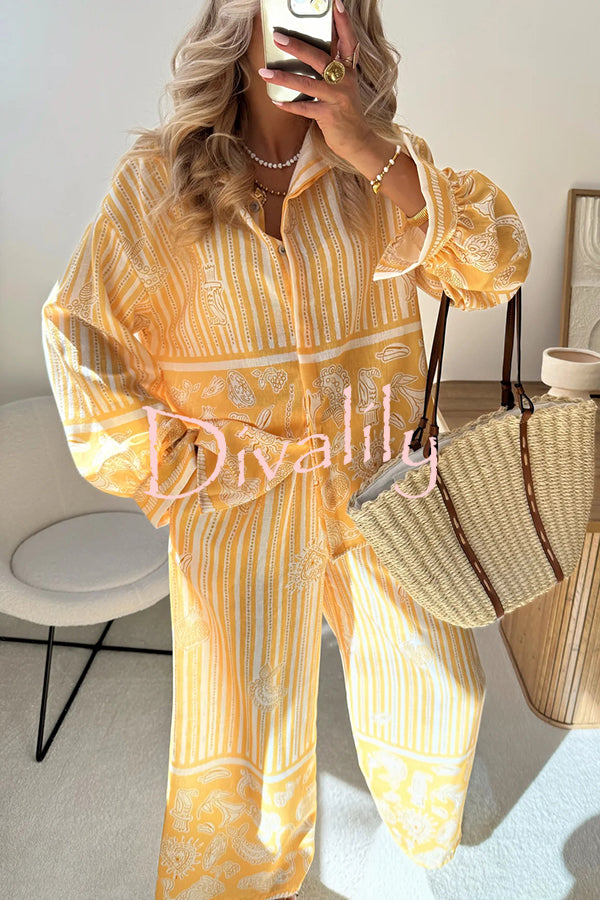 Holiday Style Unique Print Long Sleeve Lapel Loose Shirt and Elastic Waist Casual Pocket Pants Set