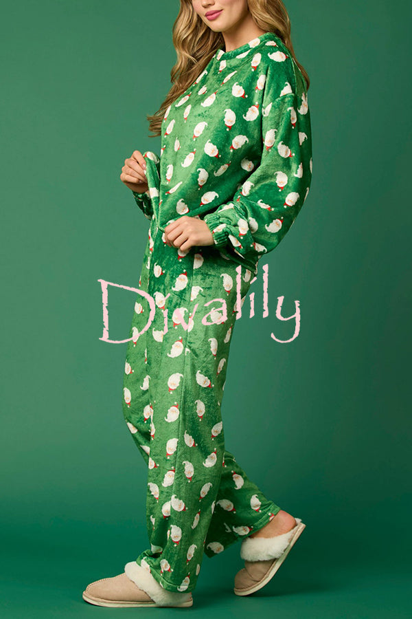 Christmas Printed Crew Neck Long Sleeve Top and Elastic Waist Loose Pants Set