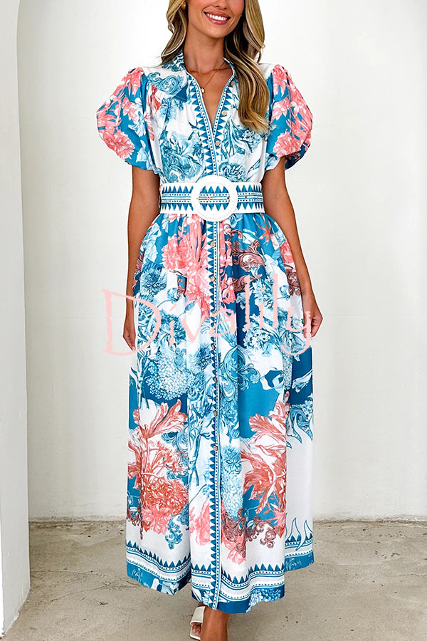 Unique Print Puff Sleeve Button Belt Casual Maxi Dress