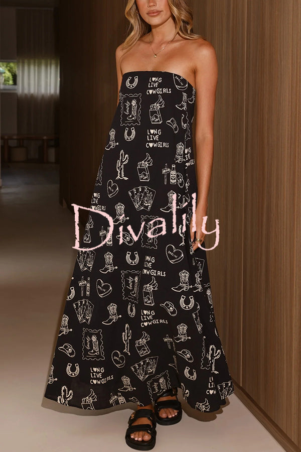 Unique Print Strapless Open Back Full Hem Maxi Dress