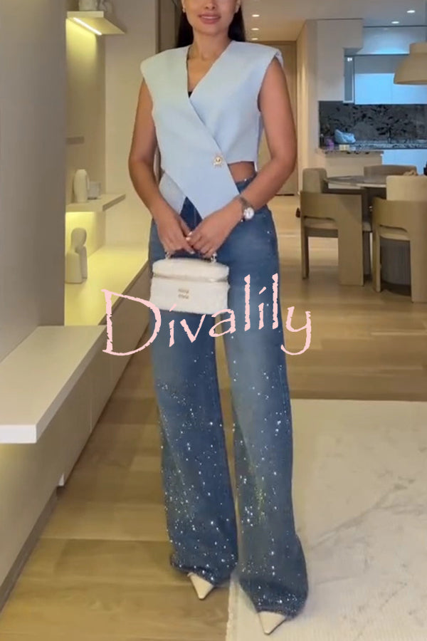 Fashion Star Rhinestone High Rise Casual Pocket Straight Loose Jeans