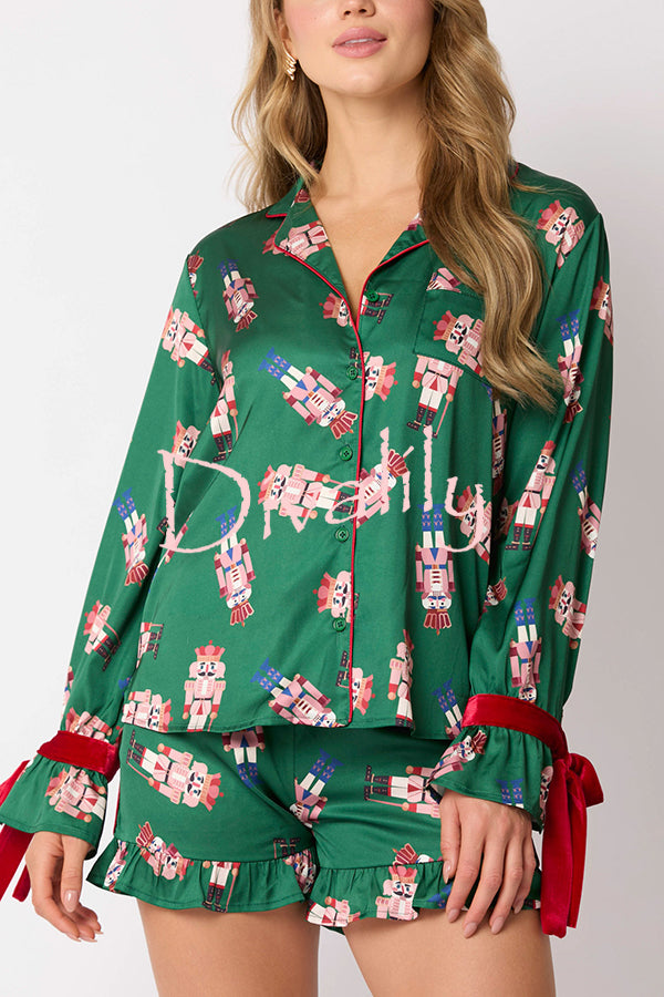 Christmas Fashion Printed Bow Tie Top and Elastic Waist Ruffle Shorts Set