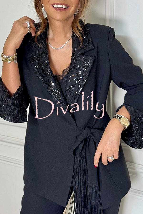 Social Time Embroidered Sequin Patchwork Tassel Belt Detail Lapel Party Blazer