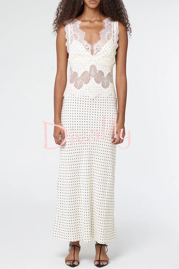 Wonderful Fusion Satin Lace Trim Poka Dot V-neck Drape Maxi Dress