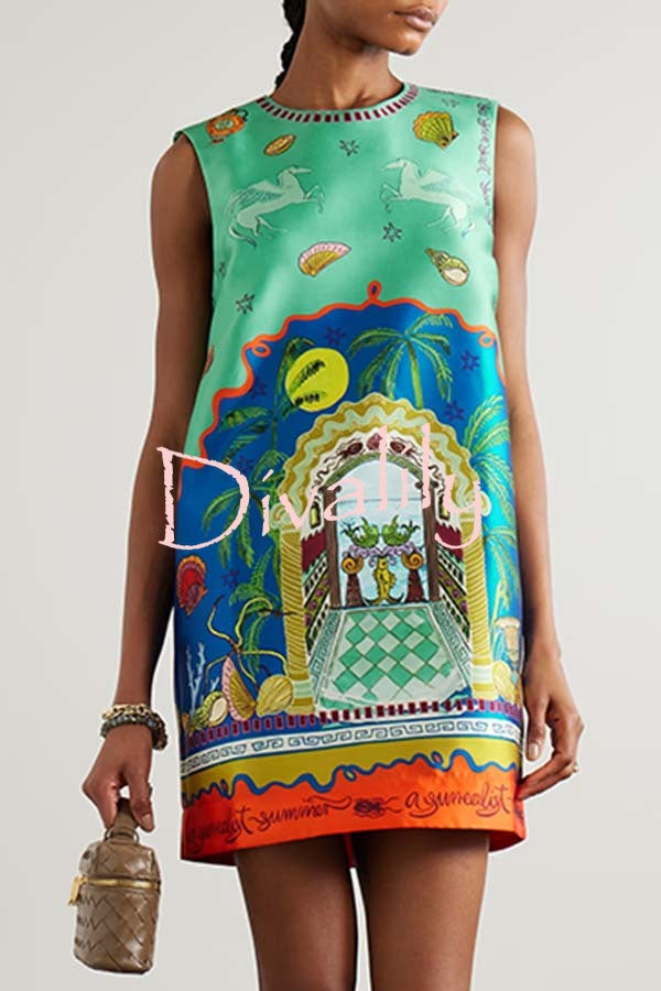 Natural Beauty Satin Unique Print Sleeveless H-line Mini Dress