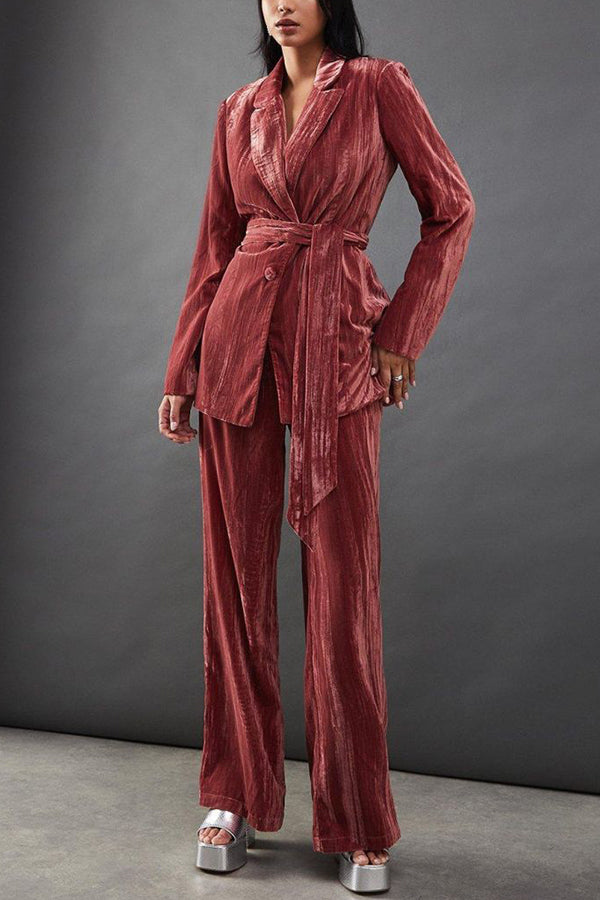 Solid Color Velvet Long-sleeved Waist Tie Top and Elastic Waist Casual Pocket Straight-leg Pants Set
