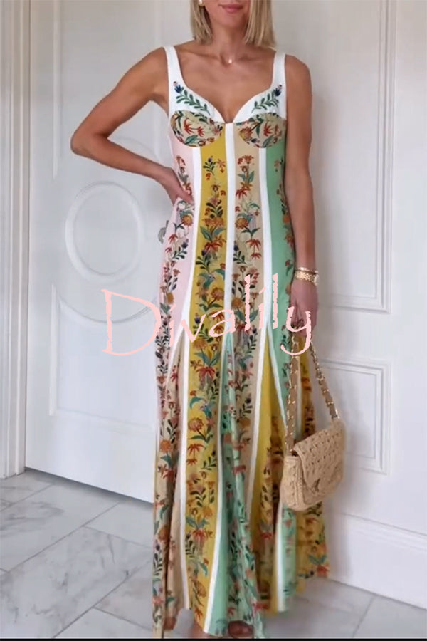 Sweet Garden Linen Blend Color Block Floral Paneled Maxi Dress
