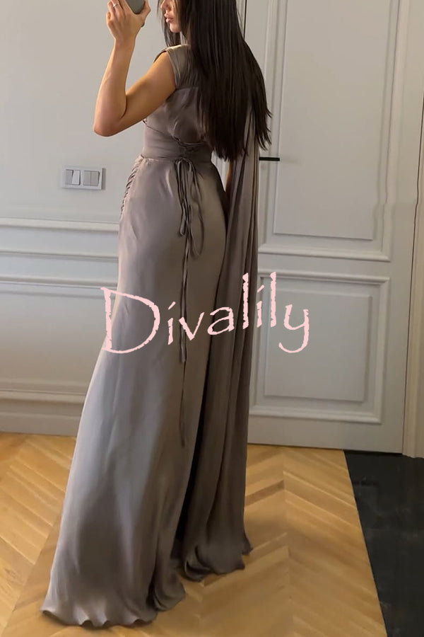 Solid Color Satin Sleeveless Waist Elegant Pleated Ribbon Maxi Dress