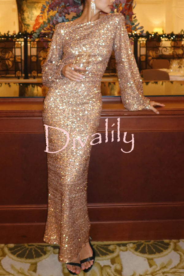Shine Your Style Sequin Balloon Sleeve Back Drape Cowl Neck Maxi Dress