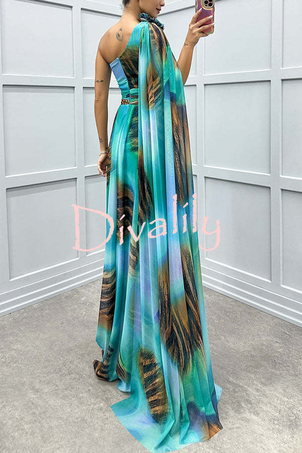 Lucia Unique Print Floral Detail One Shoulder Draped Sleeve Gown Maxi Dress