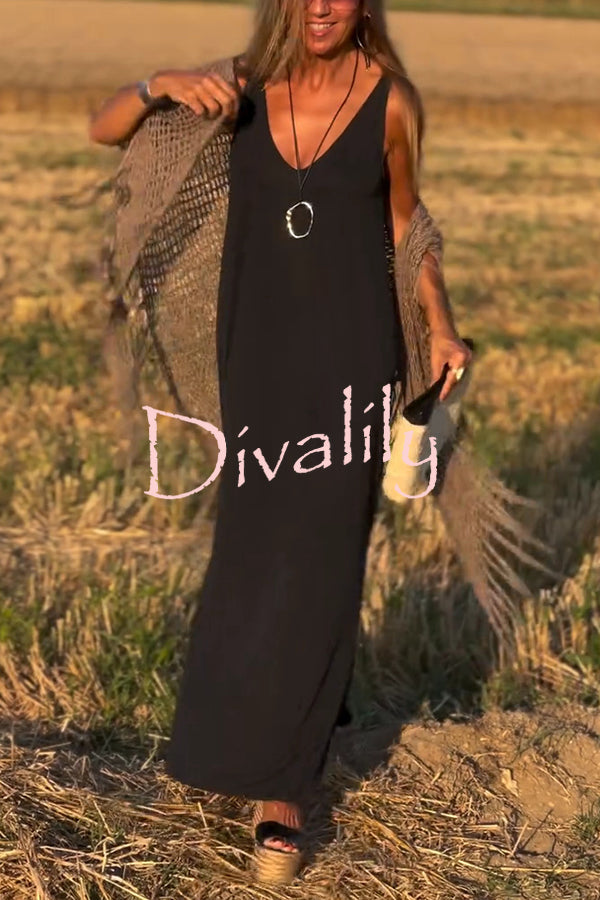 Solid Color V-neck Sleeveless Casual Loose Maxi Dress