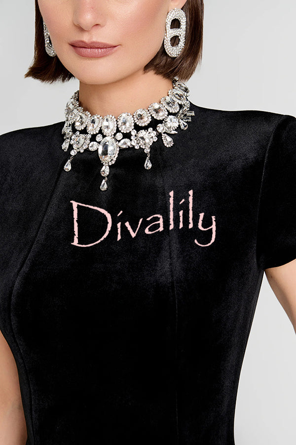 Regan Luxurious Velvet Jewel-encrusted Turtleneck Short Sleeve Pocket Tulip Mini Dress