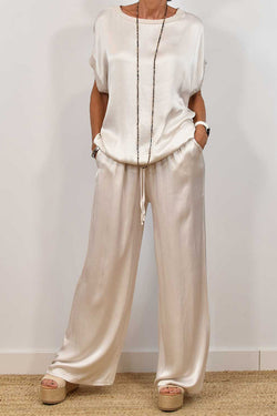 Satin Solid Color Loose Short-sleeved Top and Elastic Waist Lace-up Pocket Wide-leg Pants Set