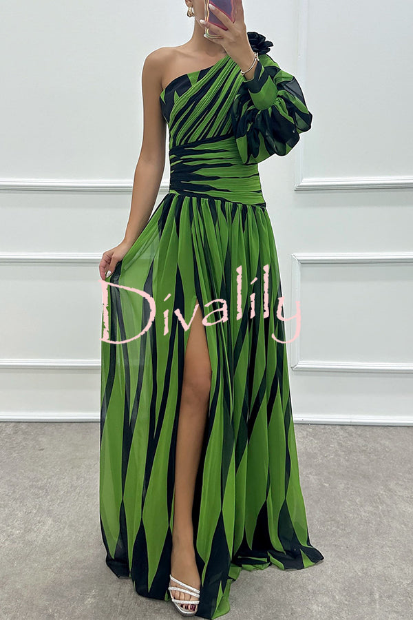 Purely Charming Printed Rose Pendant One Shoulder Pleated Slit Maxi Dress