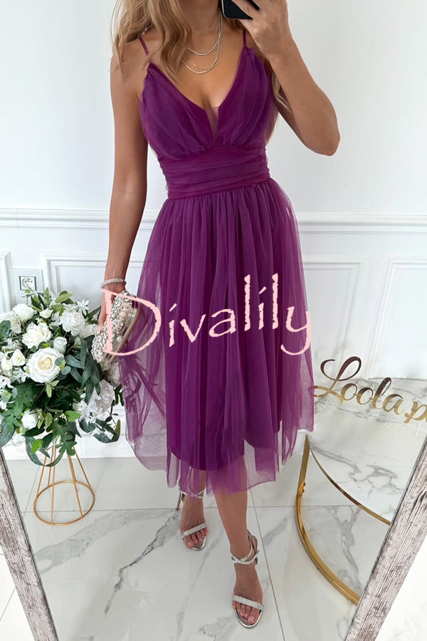 Stylish Luxury Tulle Ruched Waist Pleated Slip Formal Midi Dress