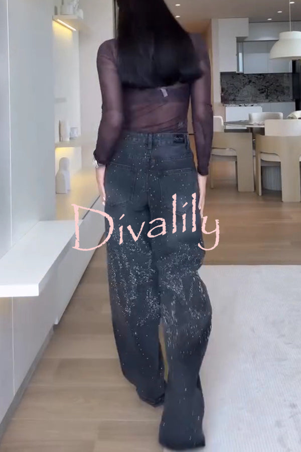 Fashion Star Rhinestone High Rise Casual Pocket Straight Loose Jeans