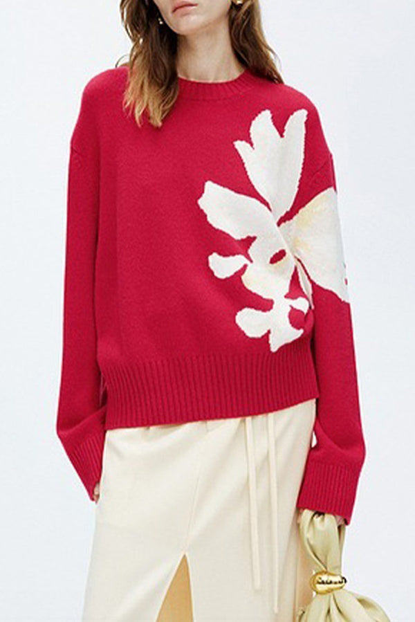 Fashionable Color-blocked Floral Loose Long-sleeved Knit Sweater