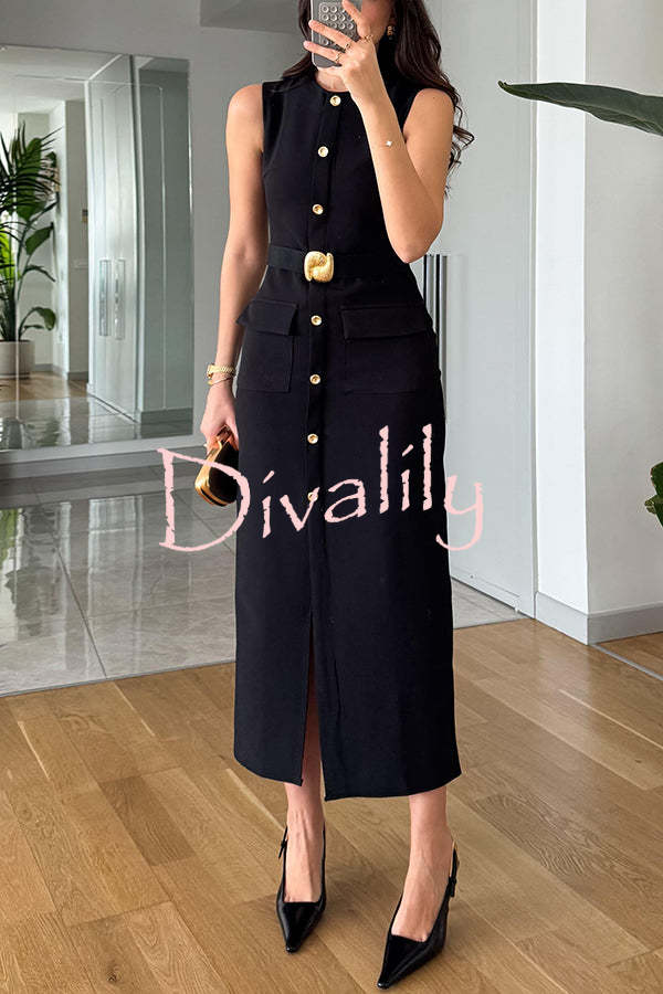 Danina Button Up Sleeveless Metal Belted Pocket Stretch Midi Dress