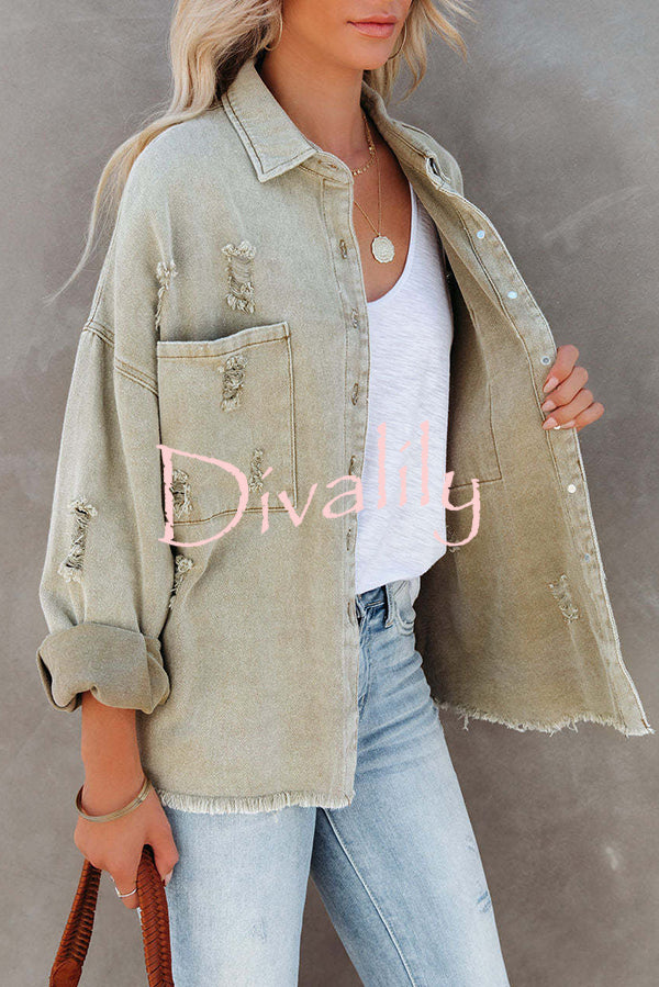 Stylish Lapel Long Sleeve Ripped Denim Jacket