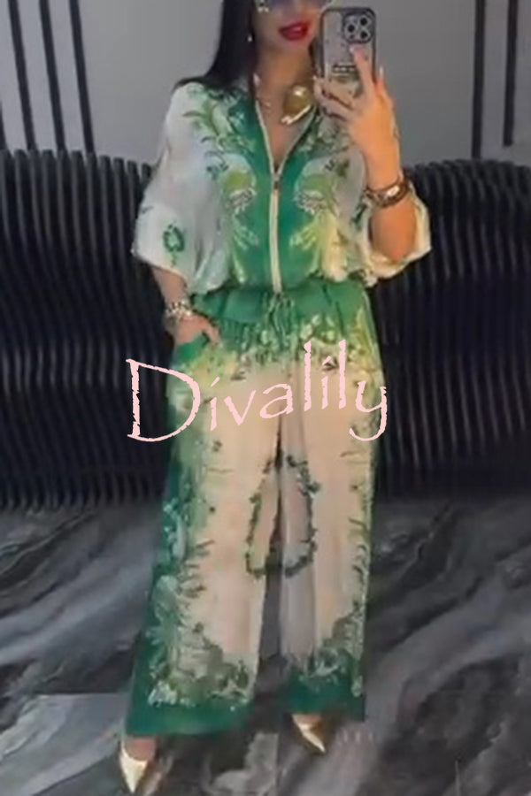 Unique Printed Casual Long-sleeved Loose Top and Elastic Waist Pocket Wide-leg Pants Set