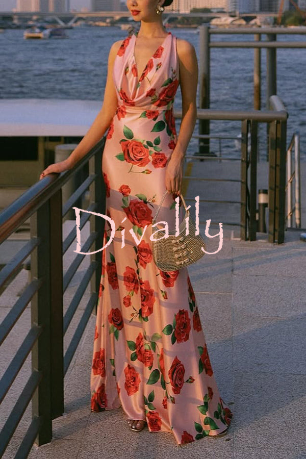 Rose Print Sexy Halter Neck Strappy Backless Slim Fit Maxi Dress