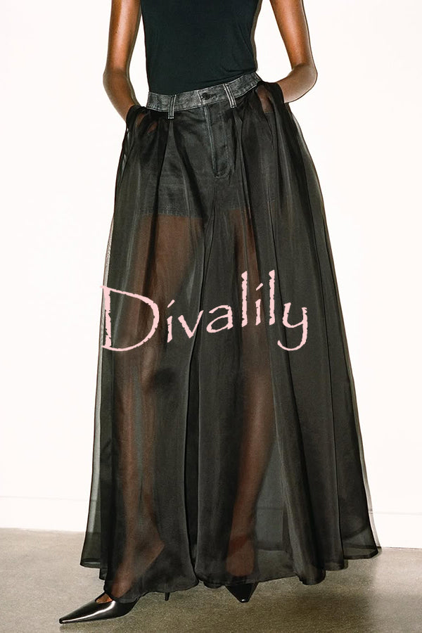 Avant-garde Fashion Denim Flowing Organza Patchwork Pocketed Wide Leg Jeans