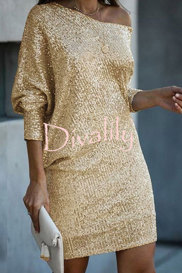 Solid Sequined Off-shoulder Loose Mini Dress