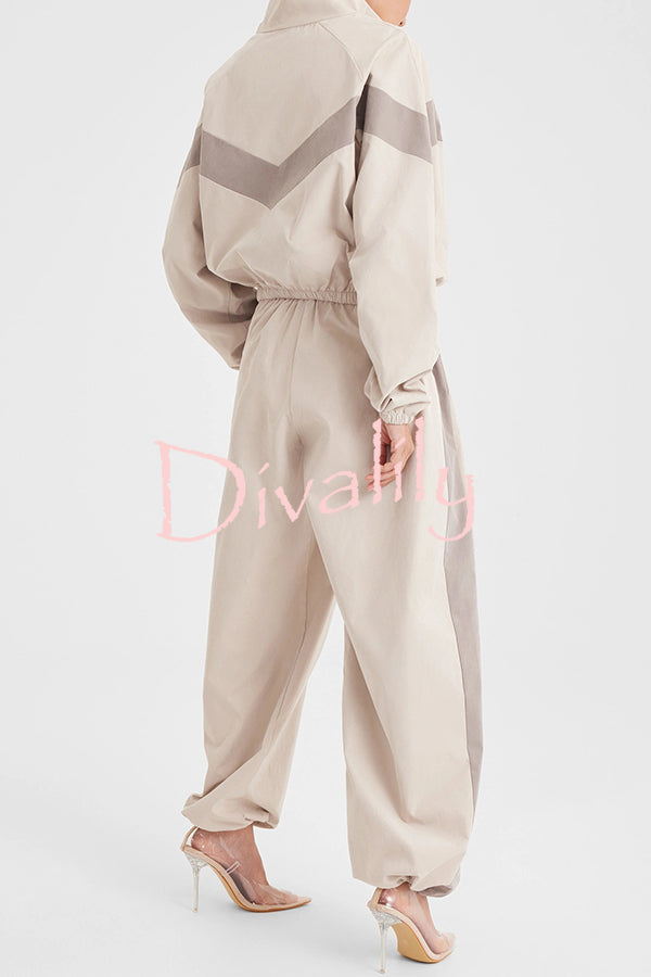 Fashionable Contrasting Long-sleeved Loose Coat and Elastic Waist Wide-leg Pants Set