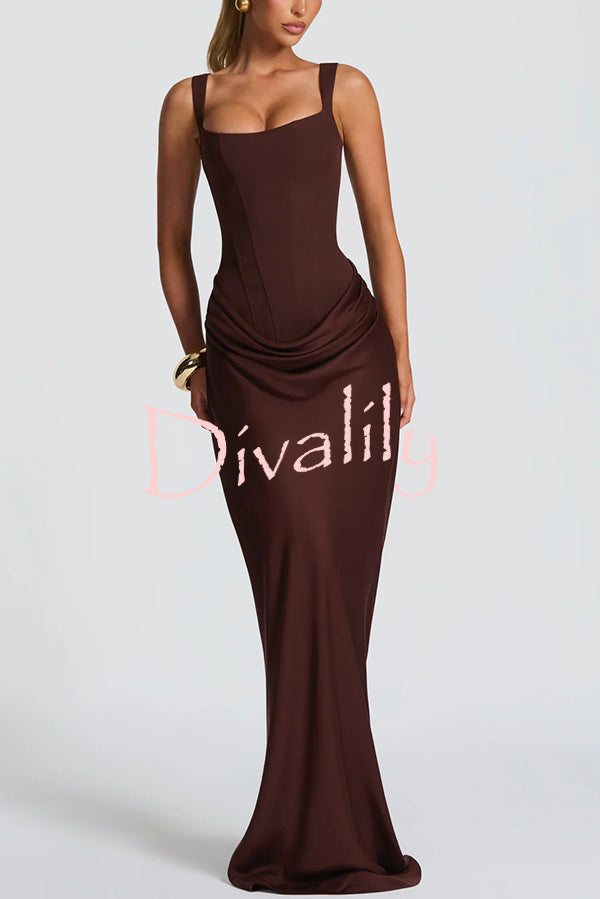 Larrah Square Neck Back Lace-up Satin Drape Hem Maxi Dress