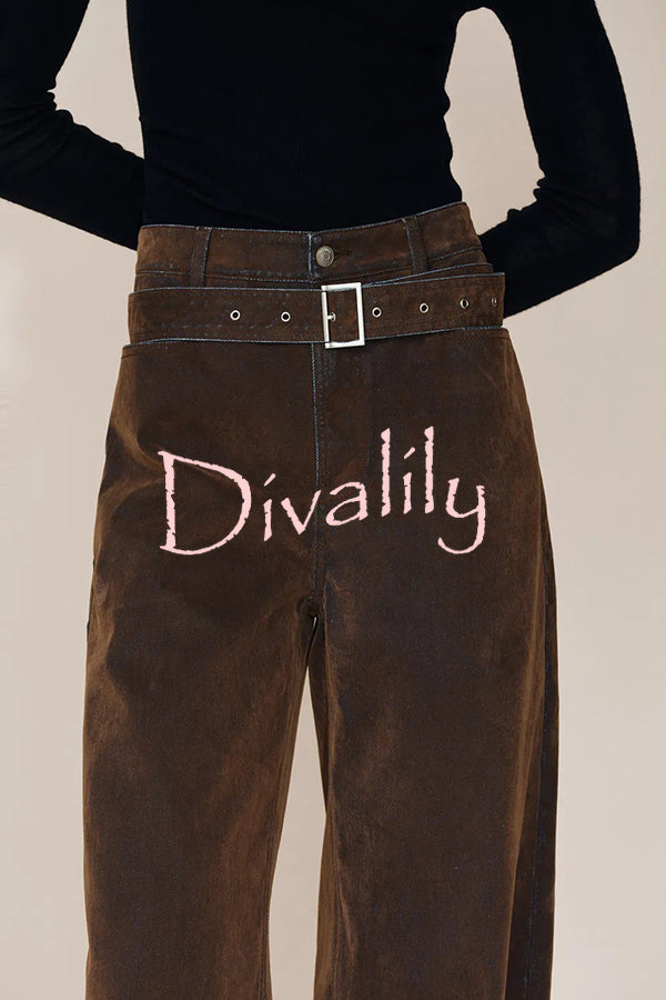 Taylor Denim Mid Rise Detachable Belt Flocked Pocket Wide Leg Jeans