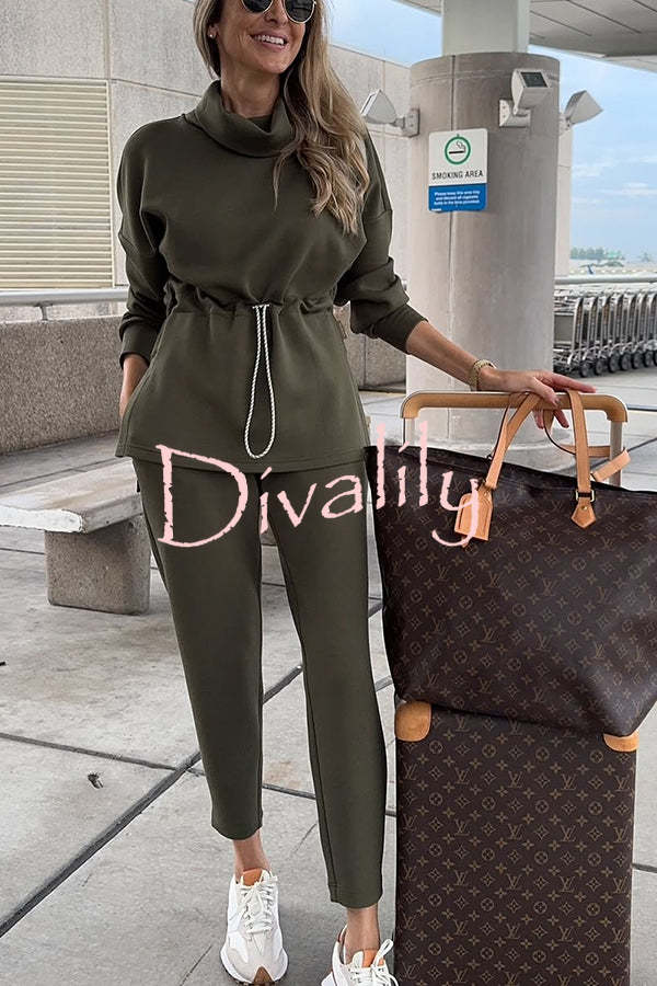 Airport Chic High Neck Drawstring Waist Sweatshirt and Elastic Waist Pocketed Jogger Set