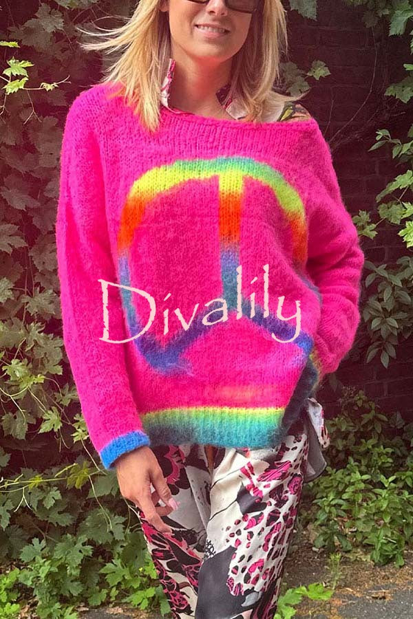 Love and Peace Knit Rainbow Pattern Loose Pullover Sweatershirt