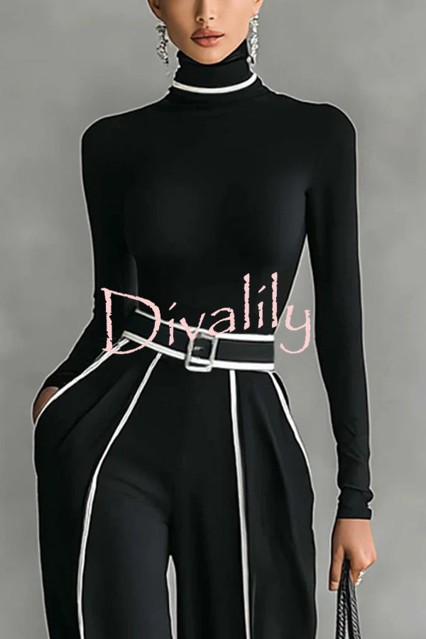 Fashionable Slim-fit Long-sleeved Turtleneck Top and Casual Pocket Pants Set