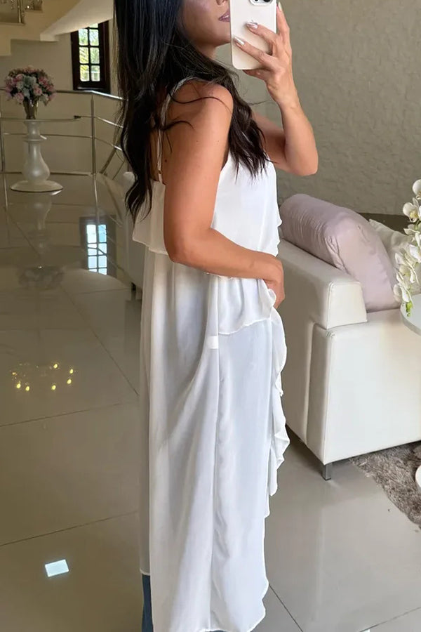 Solid Color V-neck Ruffled Irregular Loose Top