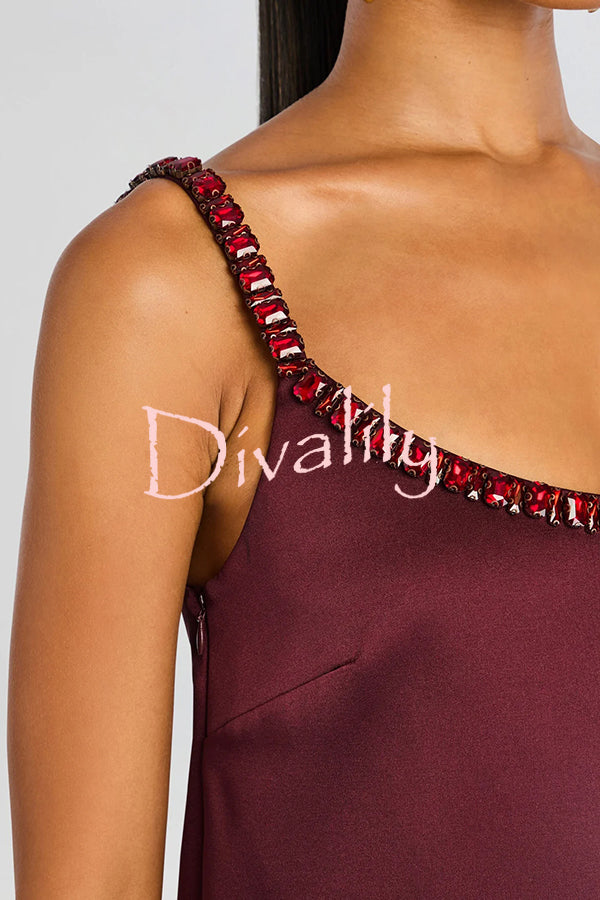Taste Red Wine Satin Gemstone Trim Round Neck Slip H-line Mini Dress