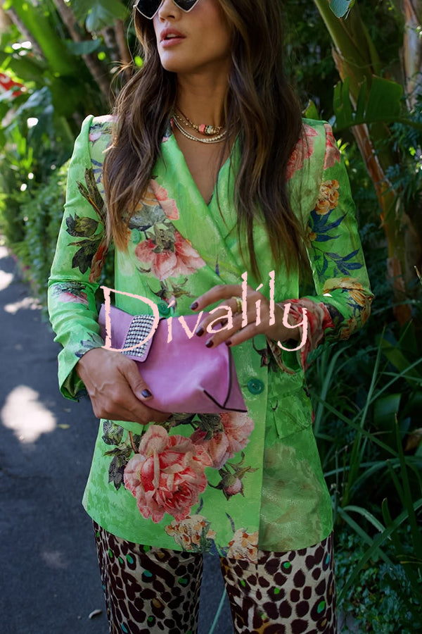 Wild and Free Flowers Printed Button Up Long Sleeve Lapel Blazer