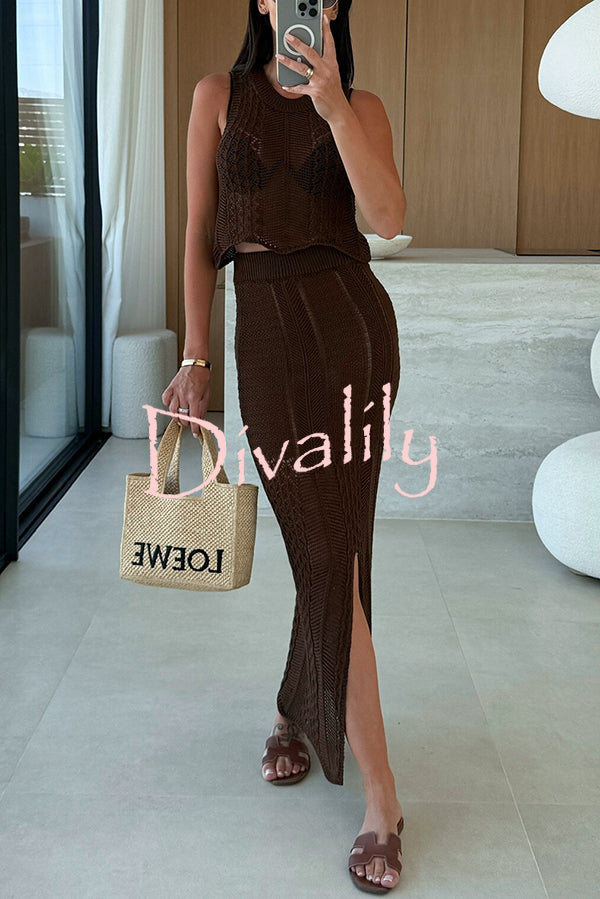 Solid Color Sleeveless Hollow Knit Crop Top and Elastic Slit Slim Midi Skirt Set