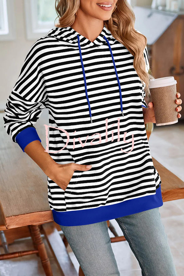 Striped Print Long Sleeve Pocket Loose Hoodie