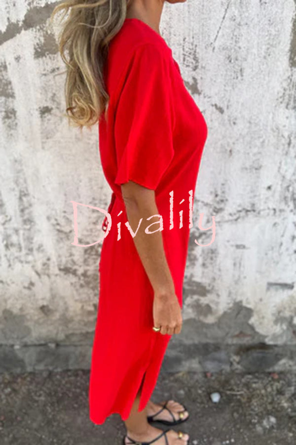 Embroidered Pattern V-neck Short-sleeved Loose Midi Dress