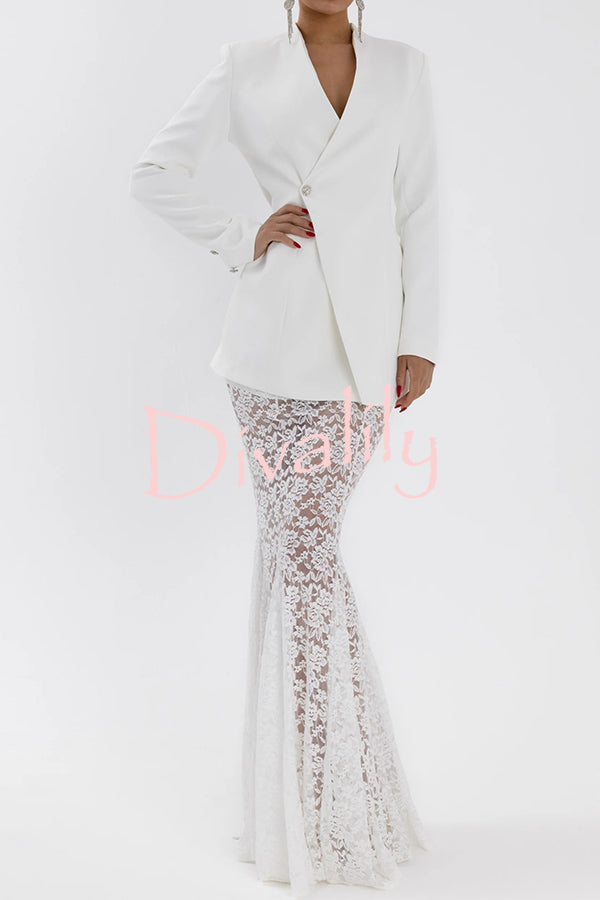 Poetic Muse Floral Lace High Rise Elastic Waist Fishtail Hem Maxi Skirt