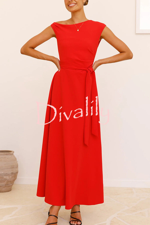 Solid Color Sloped Collar Slim Fit Waist Lace Up Full Hem Maxi Dress