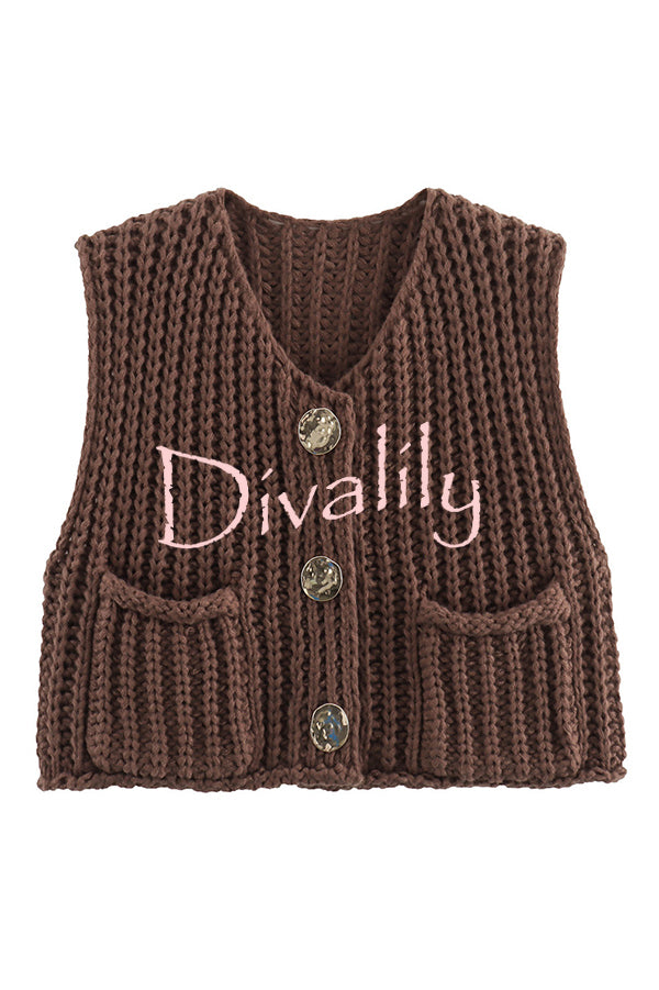 Solid Color Sleeveless Pocket Knitted Vest