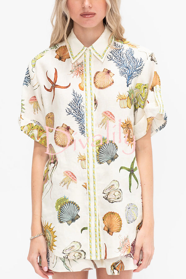 Beach Shell Print Short Sleeve Loose Shirt and Elastic Waist Tie Casual Pocket Shorts Set