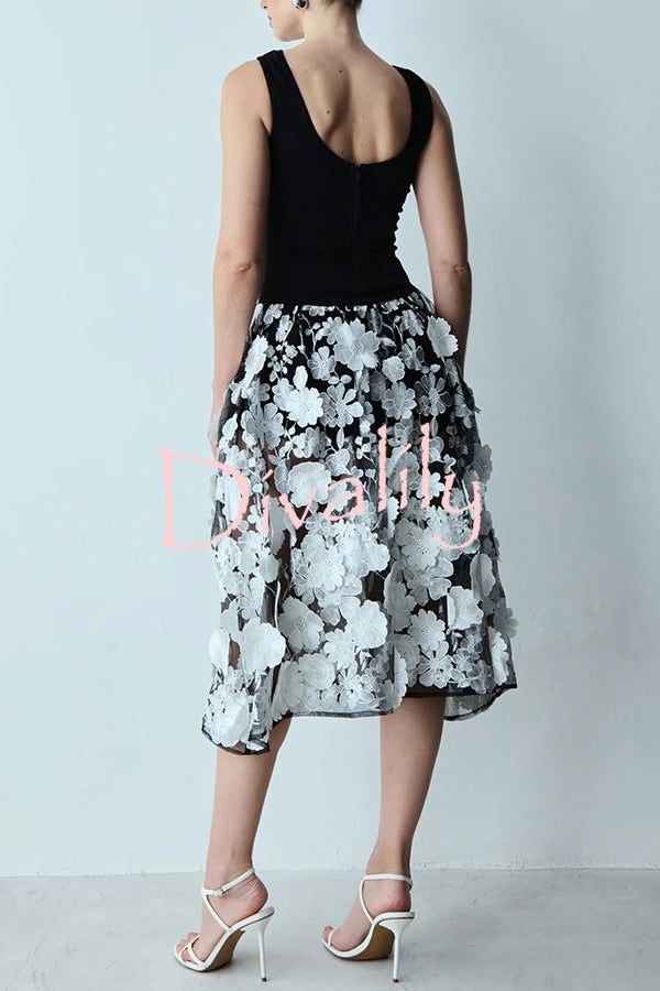 Nalie Knit and 3D Embroidery Floral Lace Hem Back Zipper Midi Dress